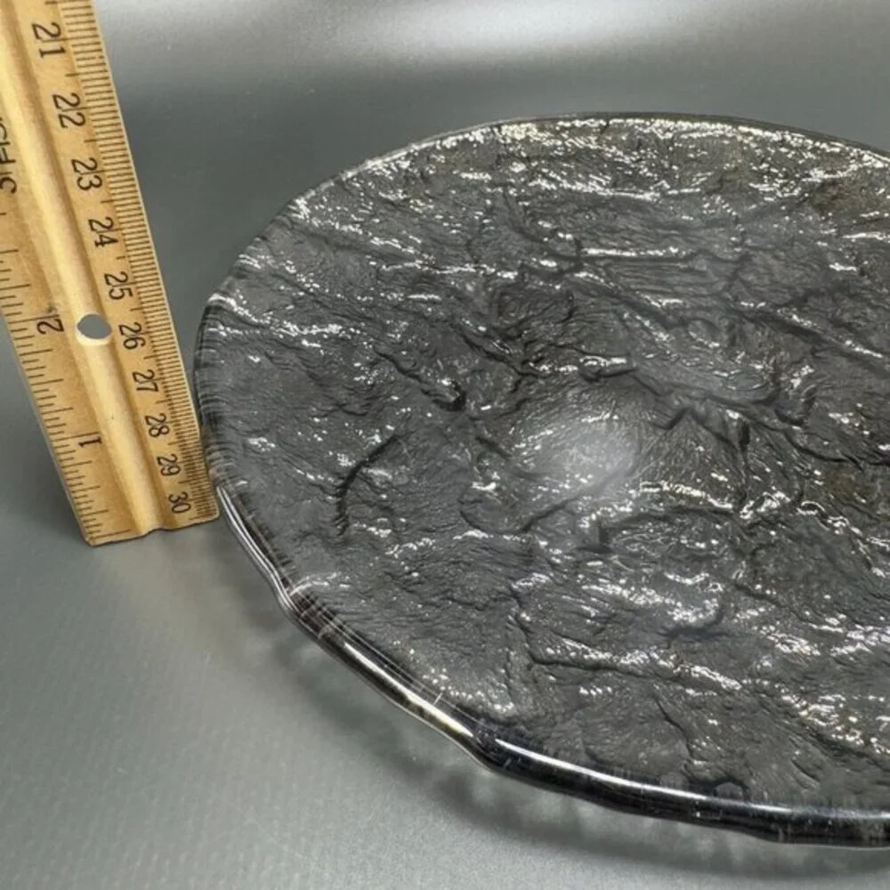 Vintage JSG Oceana‎ Art Glass Metallic Black Texture Glass Dish Plate 9inch Wide